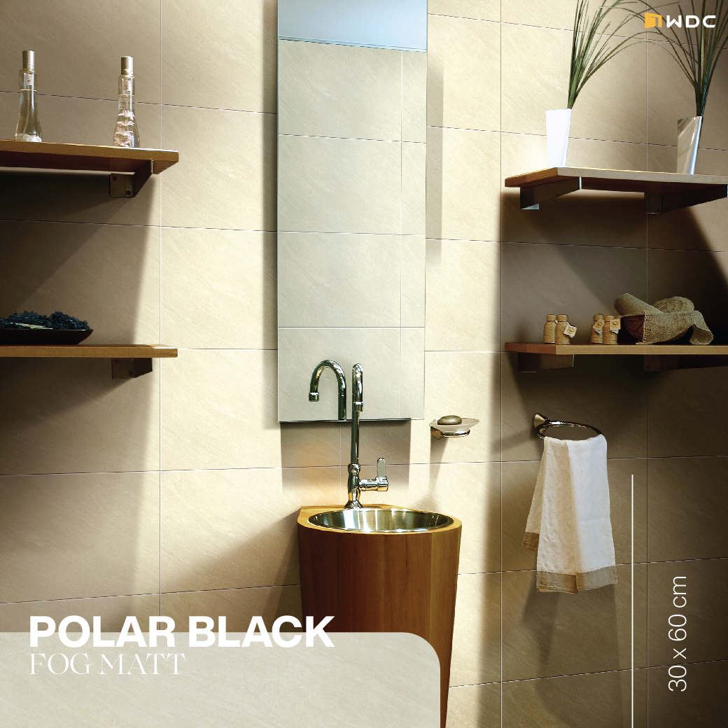 กระเบื้องพอร์ซเลนสีเบจ รุ่น Polar Black ปูผนังห้องน้ำ