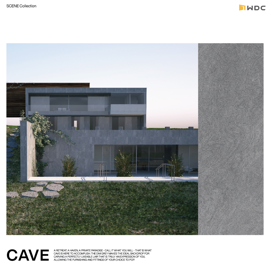 กระเบื้องพอร์ซเลนปูพื้นและผนังสีเทาเข้ม Cave รุ่น Scene แบรนด์ wdc