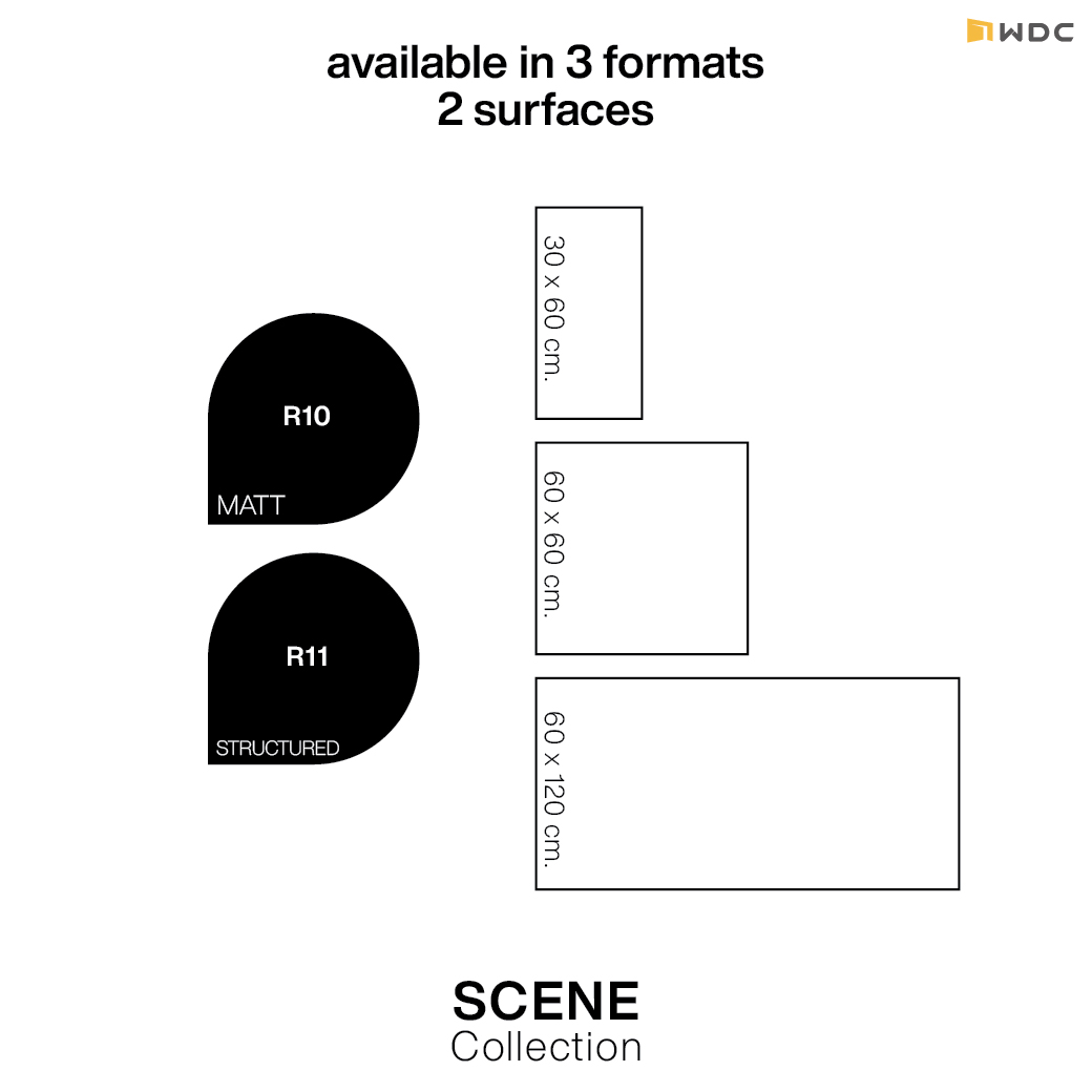 กระเบื้องพอร์ซเลนปูพื้นและผนังรุ่น Scene แบรนด์ wdc มี 3 ขนาด 30x60, 60x60 และ 60x120